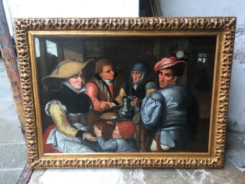 Dipinto olio su tela raffigurante interno di taverna con personaggi