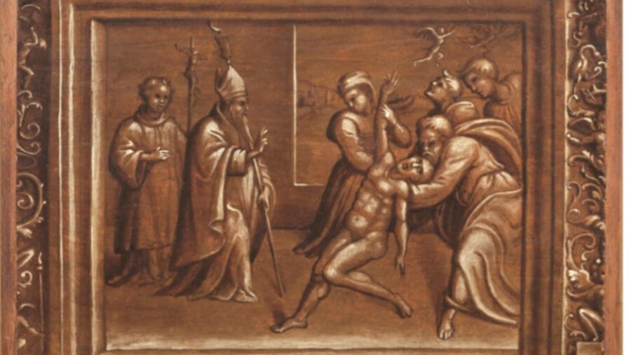 Dipinto olio su tavola raffigurante San Ubaldo che esorcizza un indemoniato