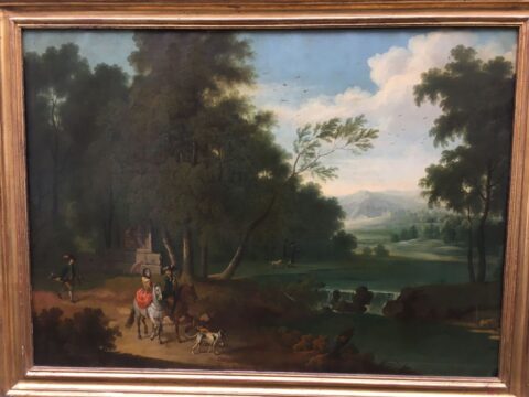 Dipinto olio su tela raffigurante paesaggio con personaggi
