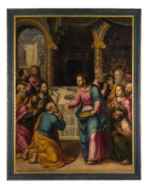 Stendardo bifacciale olio su tela raffigurante “La comunione degli apostoli
