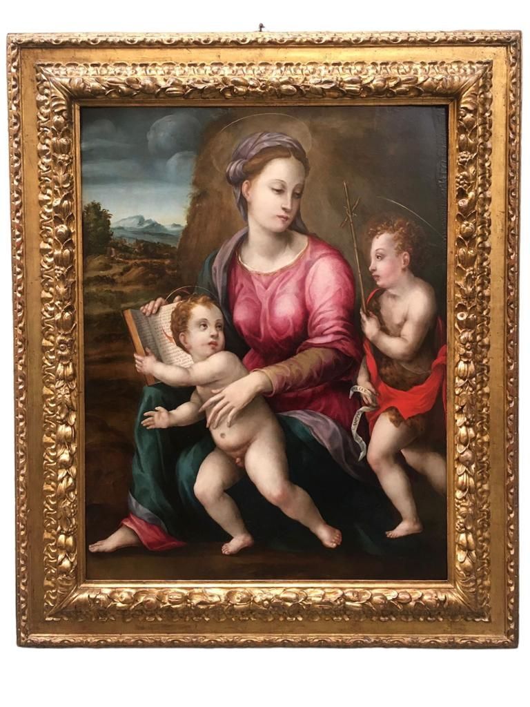 Dipinto olio su tavola raffigurante Madonna con bambino e San Giovannino