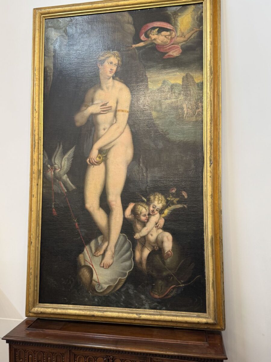 Dipinto olio su tela raffigurante “La nascita di Venere” con cornice coeva
