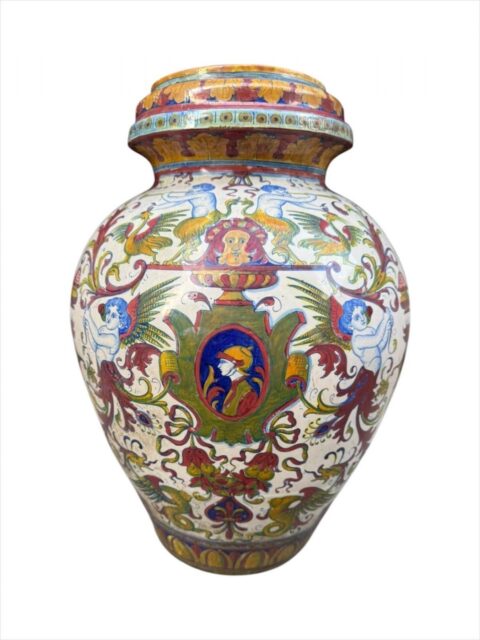 Vaso portaombrelli in ceramica a lustro rubino e oro manifattura Santarelli