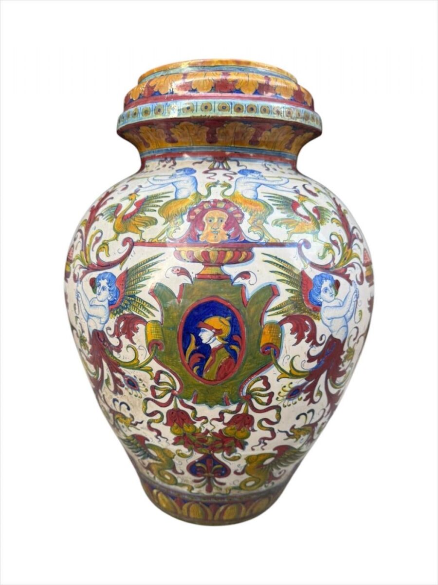 Vaso portaombrelli in ceramica a lustro rubino e oro manifattura Santarelli