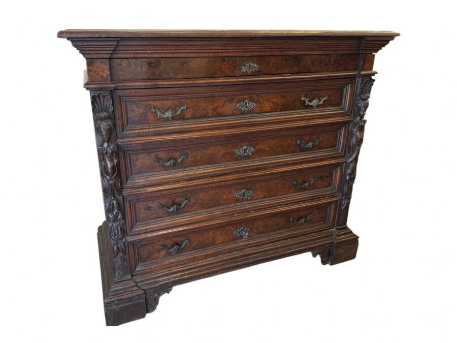 Canterano in legno di noce e radica con cariatidi in prima patina