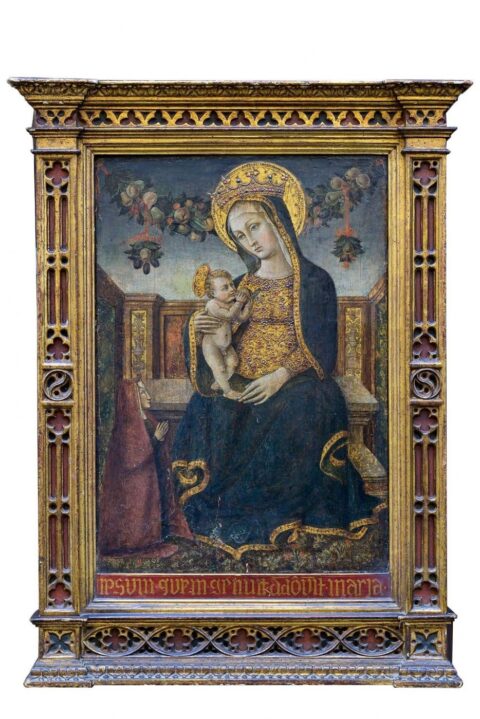 Dipinto su tavola raffigurante “Madonna con bambino e Santa”