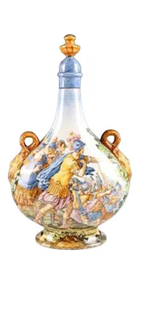 Fiasca del pellegrino in ceramica policroma istoriata firmata Ginori