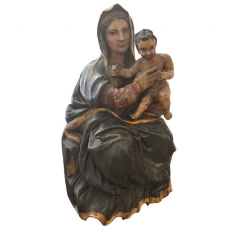 Scultura in legno policromo raffigurante “Madonna con bambino”